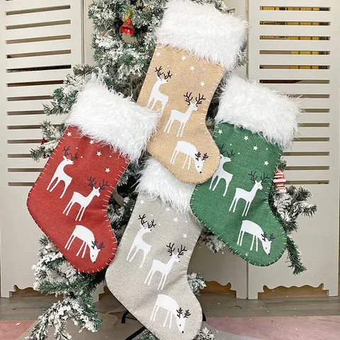 Calza di Natale Con Motivo Renna Bordo in Pelliccia Sintetica Sacco Regalo Caramelle in Lino Per Festa di Natale Casa