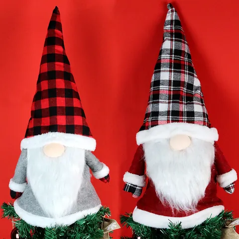 Grote Kerstboomtopper Kabouter Gezichtsloze Pop Decoratie Ruitjesmuts Noords Bos Oude Man Pluche Speelgoed Voor Huis Vakantie Feest Ornament