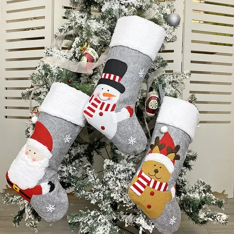 Filz Nikolausstiefel Grau Weiß Kunstpelz Manschette Weihnachtsmann Schneemann Rentier Muster Geschenkbeutel Weihnachten Deko
