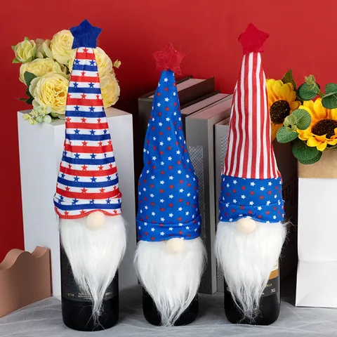 Independence Day Gnome Wine Bottle Covers American Flag Stars And Stripes Patriotic Gnome Decor For Party Bar Table Home Decor