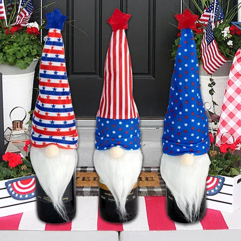 Independence Day Gnome Wine Bottle Covers American Flag Stars And Stripes Patriotic Gnome Decor For Party Bar Table Home Decor