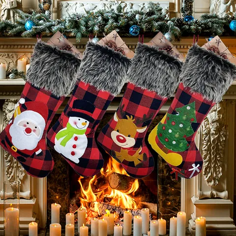 Large Christmas Stocking Buffalo Plaid Faux Fur Trim Santa Snowman Reindeer Tree Applique Hanging Gift Bag Xmas Home Decor