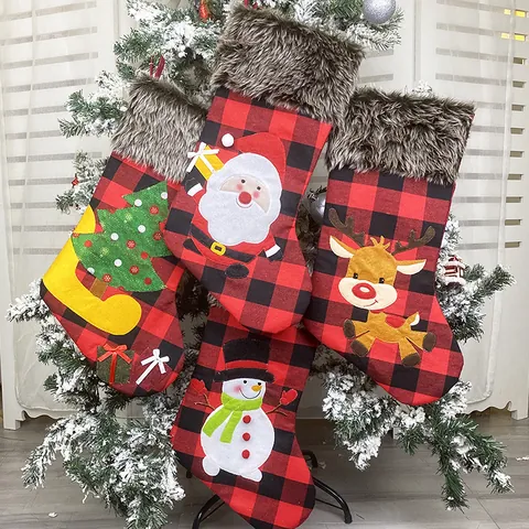 Large Christmas Stocking Buffalo Plaid Faux Fur Trim Santa Snowman Reindeer Tree Applique Hanging Gift Bag Xmas Home Decor