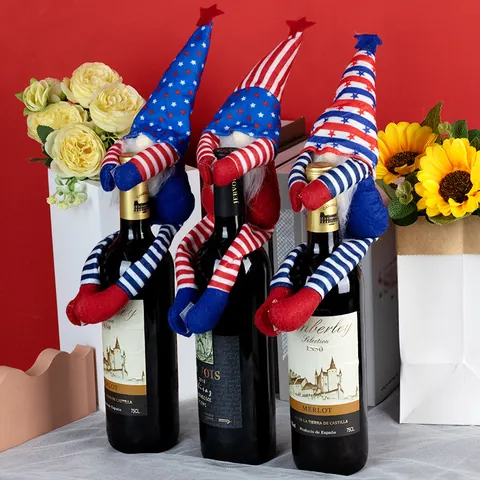 Housse de Bouteille de Vin Gnome Jour de l'Indépendance Drapeau Américain Étoiles Et Rayures Poupée Sans Visage Déco Table