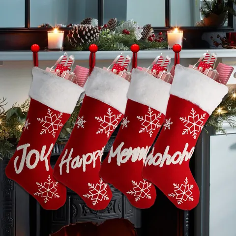 Red White Christmas Stocking Plush Faux Fur Snowflake Greeting Embroidery Xmas Fireplace Hanging Ornament Holiday Party Decoration