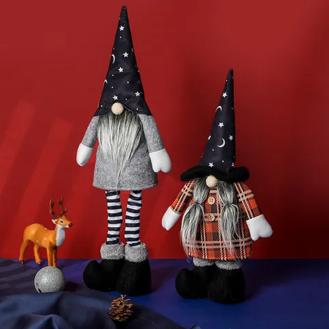 Halloween Gnome Plush Faceless Doll With Stretching Legs Star Moon Witch Hat Plaid Elf Figurine For Home Party Decoration