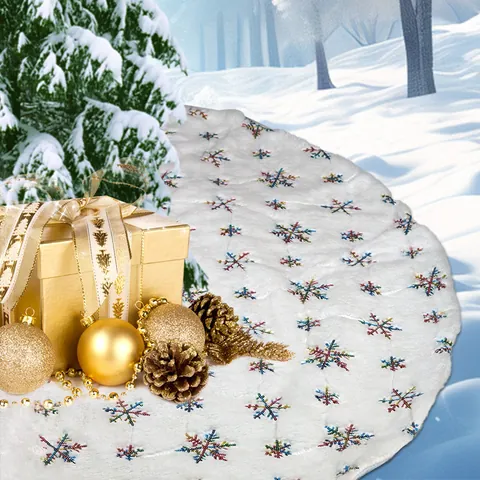 White Plush Christmas Tree Skirt With Colorful Sequin Snowflake Embroidery For Holiday Party Home Decoration Tree Ornaments