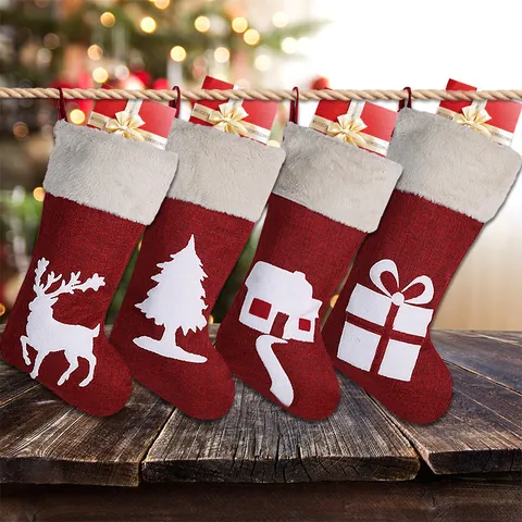 Rustic Faux Linen Christmas Stocking Large Gift Bag With Faux Fur Cuff Reindeer Tree House Patterns Festive Home Decor