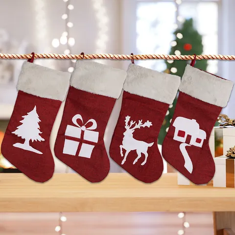 Rustic Faux Linen Christmas Stocking Large Gift Bag With Faux Fur Cuff Reindeer Tree House Patterns Festive Home Decor
