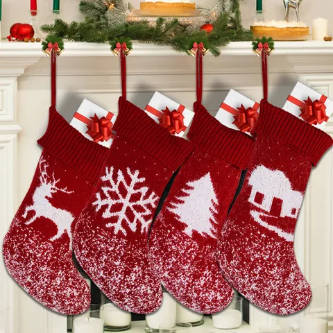 Knitted Christmas Stocking Red White Reindeer Snowflake Tree House Pattern Plush Cuff Fireplace Hanging Holiday Gift Bag