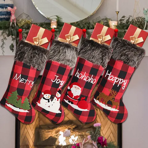 Buffalo Plaid Christmas Stocking With Faux Fur Cuff Embroidered Santa Snowman Reindeer Xmas Tree Hanging Gift Bag Decoration