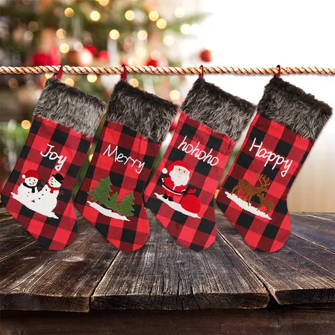 Buffalo Plaid Christmas Stocking With Faux Fur Cuff Embroidered Santa Snowman Reindeer Xmas Tree Hanging Gift Bag Decoration