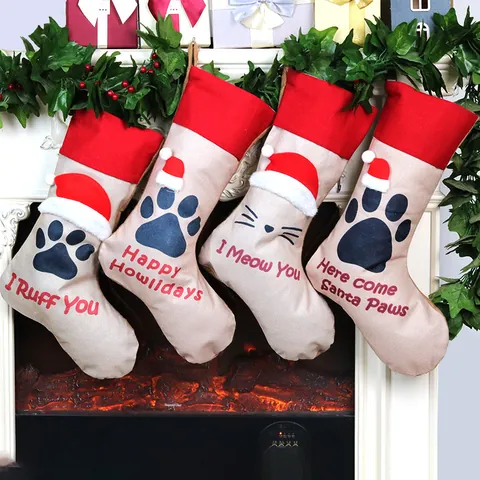 Pet Theme Christmas Stockings With Cat Dog Paw Prints Festive Polyester Hanging Gift Bag For Christmas Tree Fireplace Decor