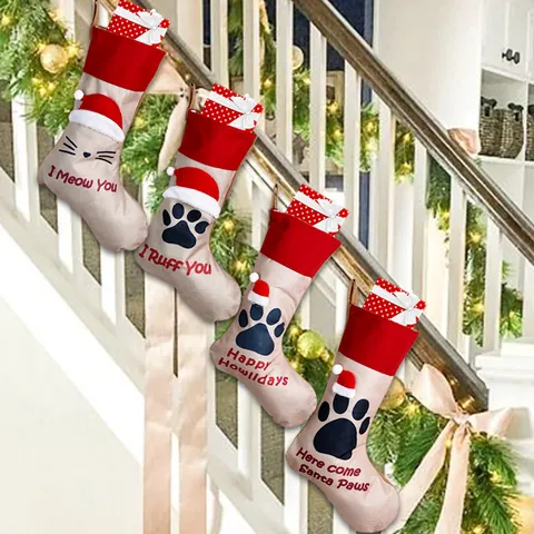 Pet Theme Christmas Stockings With Cat Dog Paw Prints Festive Polyester Hanging Gift Bag For Christmas Tree Fireplace Decor