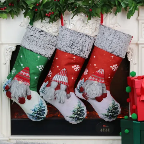 Christmas Stocking With 3D Gnome Faceless Doll Snowflake Pattern Plush Gray Cuff Burlap Holiday Gift Bag Tree Hanging Decor
