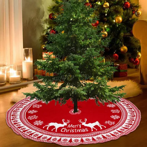 Red White Knitted Christmas Tree Skirt Reindeer Snowflake Pattern Polyester Jacquard Round Tree Decor Base Mat