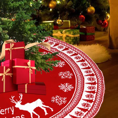Red White Knitted Christmas Tree Skirt Reindeer Snowflake Pattern Polyester Jacquard Round Tree Decor Base Mat