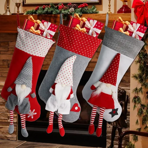 Kerstsok Kabouter Pluche Pop Gebreide Kerstsok Cadeauzakje Rood Grijs Wit Kerstmis Open Haard Decoratie Thuis Vakantie Feest