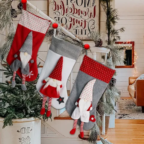 Kerstsok Kabouter Pluche Pop Gebreide Kerstsok Cadeauzakje Rood Grijs Wit Kerstmis Open Haard Decoratie Thuis Vakantie Feest