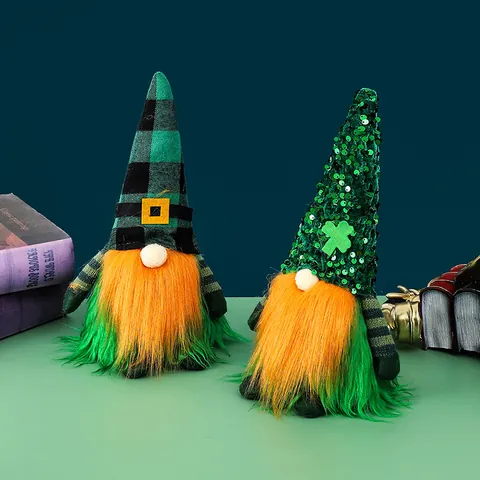 St Patrick's Day Gnome Faceless Doll With Shamrock Clover Plaid Sequin Hat Lucky Green Orange Plush Ornament For Home Party Gift