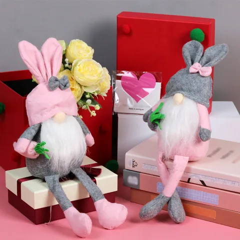 Easter Bunny Gnome Plush Doll Long Legged Faceless Rabbit Figurine For Holiday Party Home Table Shelf Decoration Ornaments