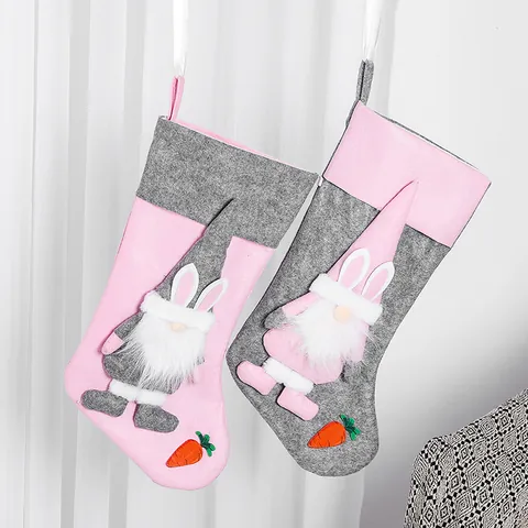 Easter Gnome Gift Bag Sock With Rabbit Ears And Carrot Non-woven Plush Decorative Party Holiday Hanging Stocking