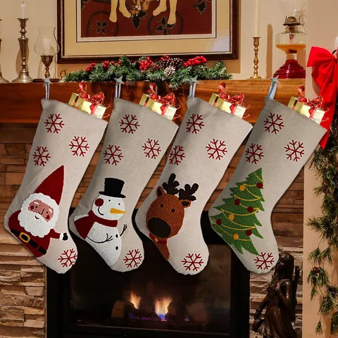 Rustic Burlap Christmas Stockings Gift Bag 3D Applique Santa Snowman Reindeer Tree Embroidered Snowflake Hanging Xmas Decor
