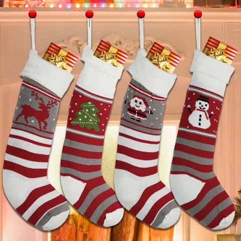 Knitted Christmas Stocking Striped Red White Gray Santa Reindeer Snowman Tree Hanging Gift Bag Party Holiday Decoration