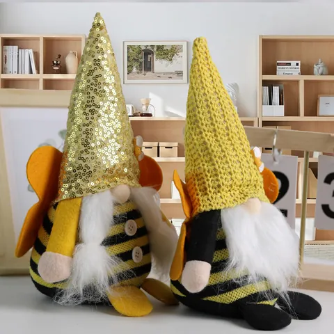 Spring Bee Gnome Plush Faceless Doll Striped Sequin Knit Hat Bumblebee Decoration For Home Tabletop Festival Ornament Gift