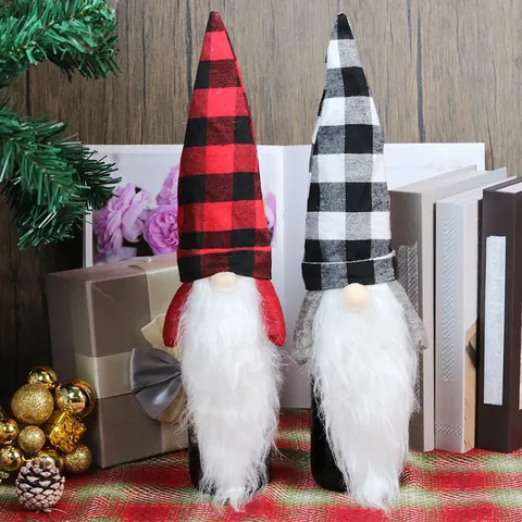 Christmas Gnome Wine Bottle Cover Buffalo Plaid Faceless Doll Gift Bag For Holiday Dining Table Party Decoration