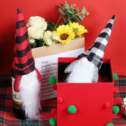 Christmas Gnome Wine Bottle Cover Buffalo Plaid Faceless Doll Gift Bag For Holiday Dining Table Party Decoration