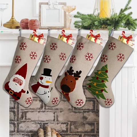 Rustic Burlap Christmas Stockings Gift Bag 3D Applique Santa Snowman Reindeer Tree Embroidered Snowflake Hanging Xmas Decor
