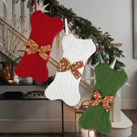 Bone Shaped Knitted Christmas Stocking With Bow Accent Cable Knit Festive Gift Bag For Holiday Mantel Pet Home Decor