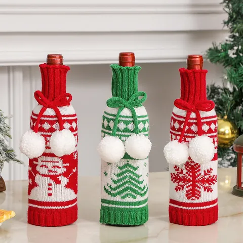 Christmas Knitted Wine Bottle Covers Red Green Wine Bottle Sweater With Pom Poms For Christmas Dining Table Decoration