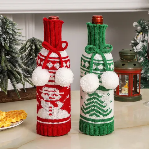 Christmas Knitted Wine Bottle Covers Red Green Wine Bottle Sweater With Pom Poms For Christmas Dining Table Decoration