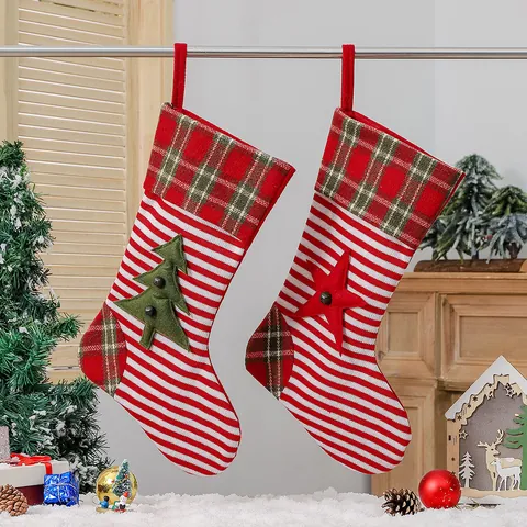 Knitted Christmas Stocking Gift Bag Plaid Striped Star Tree Hanging Pendant Festive Holiday Home Party Decoration