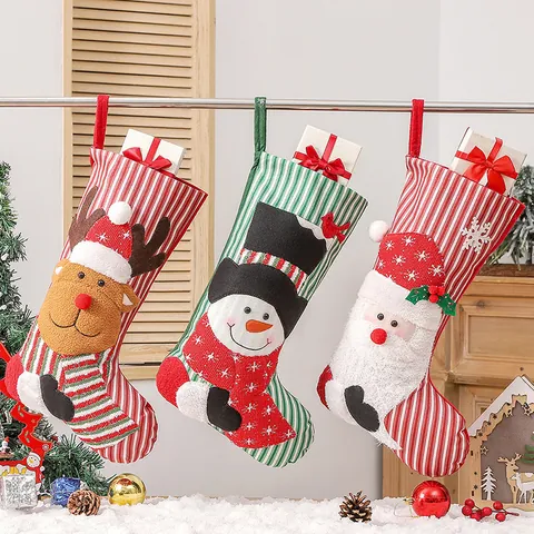 Christmas Stockings Large 3D Santa Snowman Reindeer Non-Woven Plush Knitted Striped Hanging Gift Bag Xmas Tree Decor