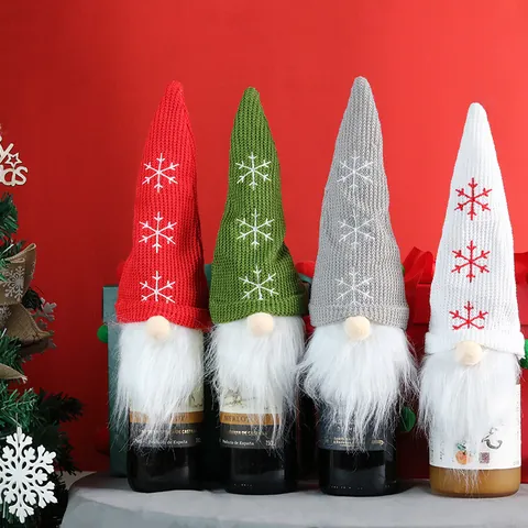Funda para Botella de Vino de Gnomo de Navidad de Punto Con Bordado de Copos de Nieve Estilo Nórdico Decoración de Mesa de Cena Rojo Verde Gris Blanco