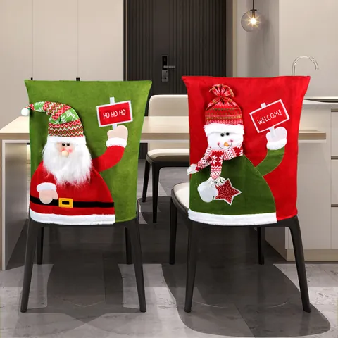 Christmas Chair Covers Santa Claus Snowman Pattern Fabric Seat Back Protectors For Dining Room Restaurant Holiday Party Decorations