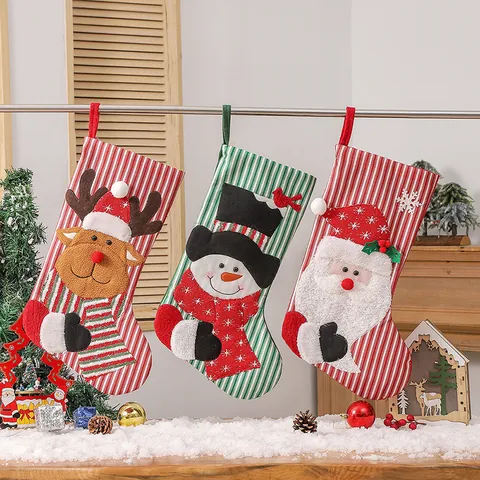 Christmas Stockings Large 3D Santa Snowman Reindeer Non-Woven Plush Knitted Striped Hanging Gift Bag Xmas Tree Decor