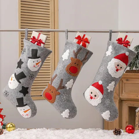 Christmas Stocking Large Gray Felt Embroidery Santa Snowman Reindeer Hanging Fireplace Festive Home Decor Gift Bag