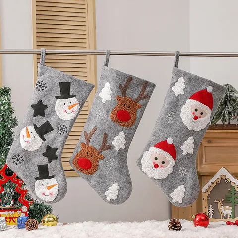 Christmas Stocking Large Gray Felt Embroidery Santa Snowman Reindeer Hanging Fireplace Festive Home Decor Gift Bag