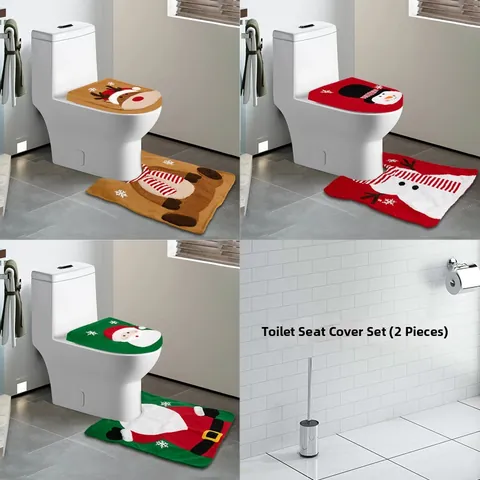 Christmas Toilet Seat Cover And Rug Bathroom Decoration Santa Claus Snowman Reindeer Plush Fabric Festive Washroom Ornament