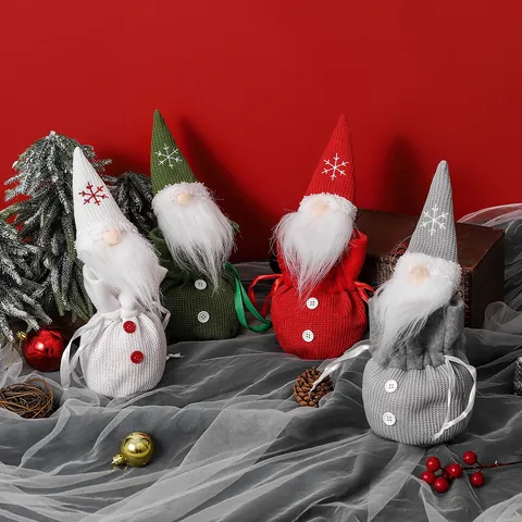 Weihnachten Wichtel Süßigkeiten Geschenkbeutel Gestrickter Kordelzugbeutel Gesichtsloser Alter Mann Festliche Tischdeko