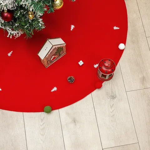 Christmas Tree Skirt Red Non-Woven Fabric White Embroidery Colorful Pom Poms Circular Holiday Decoration Home