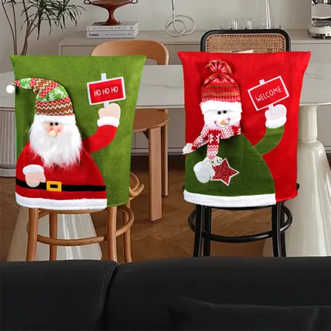 Kerst Stoelhoezen Kerstman Sneeuwpop Patroon Stof Rugleuning Beschermers Voor Eetkamer Restaurant Vakantie Feest Decoraties