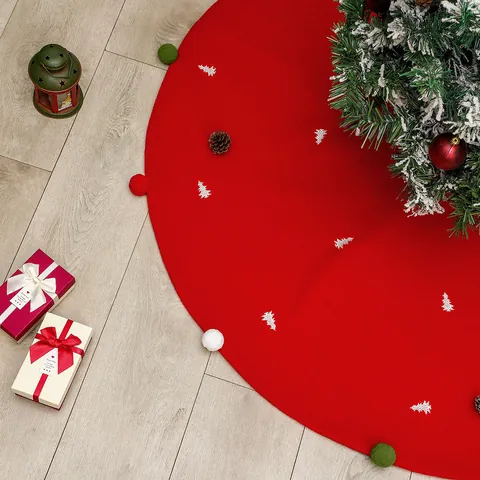 Christmas Tree Skirt Red Non-Woven Fabric White Embroidery Colorful Pom Poms Circular Holiday Decoration Home