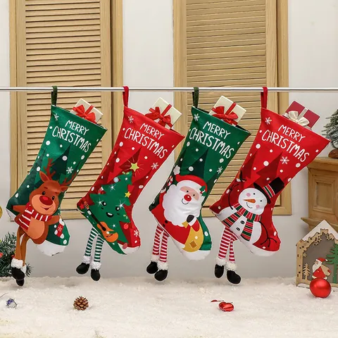 Calza di Natale Decorativa Gambe Lunghe a Righe Babbo Natale Pupazzo di Neve Renna Albero Cartone Animato Sacco Regalo