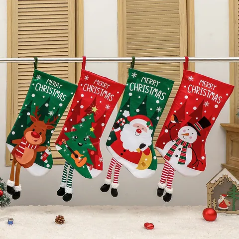 Calza di Natale Decorativa Gambe Lunghe a Righe Babbo Natale Pupazzo di Neve Renna Albero Cartone Animato Sacco Regalo