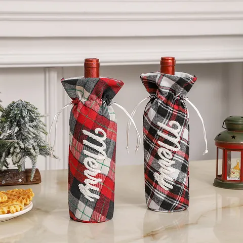 Funda para Botella de Vino a Cuadros de Navidad Merry Bordado Cordón Bolsa de Regalo Para Decoración de Mesa Fiesta Hogar Accesorios